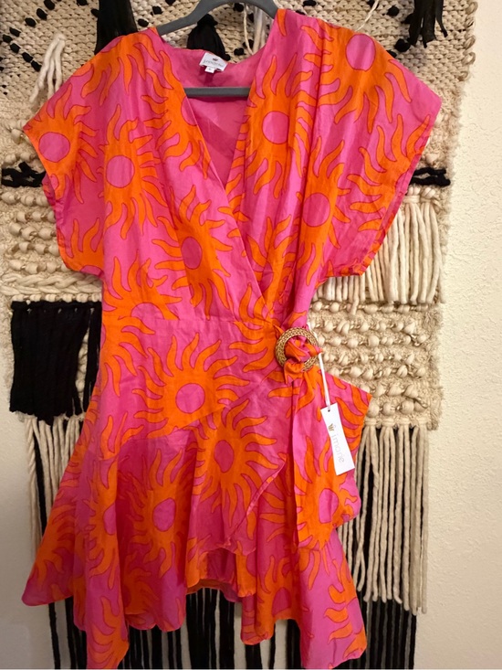 Dresses & Skirts - J. Marie Pink & Orange Sunburst Wrap Mini Romper - NWT size Large